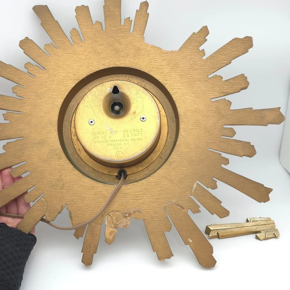 Syroco Sunburst Wall Clock Mid Century Modern‎ Electric Vintage Movement Works